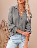 Womens Long Sleeve Polo Shirts Collared Button Down Ribbed Knit Tops Solid Tees