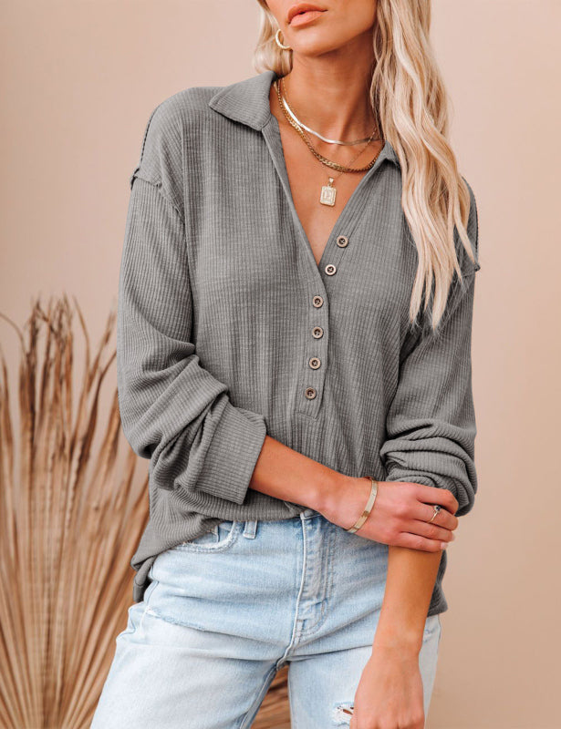 Womens Long Sleeve Polo Shirts Collared Button Down Ribbed Knit Tops Solid Tees