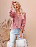 Womens Long Sleeve Polo Shirts Collared Button Down Ribbed Knit Tops Solid Tees