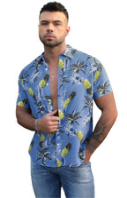 Sky Blue Men's Hawaiian Printed Turn-down Collar Button Short Sleeve Shirt