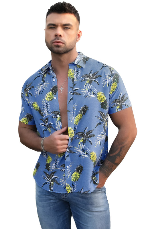 Sky Blue Men's Hawaiian Printed Turn-down Collar Button Short Sleeve Shirt