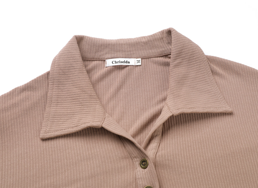 Womens Long Sleeve Polo Shirts Collared Button Down Ribbed Knit Tops Solid Tees
