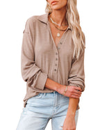 Womens Long Sleeve Polo Shirts Collared Button Down Ribbed Knit Tops Solid Tees