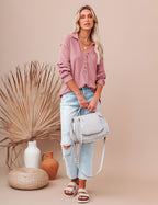 Womens Long Sleeve Polo Shirts Collared Button Down Ribbed Knit Tops Solid Tees