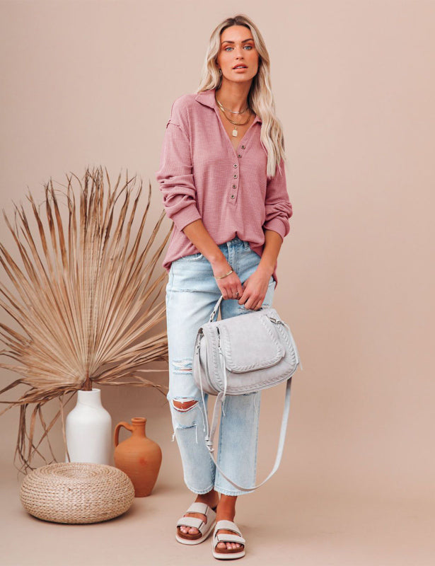 Womens Long Sleeve Polo Shirts Collared Button Down Ribbed Knit Tops Solid Tees