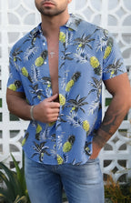 Sky Blue Men's Hawaiian Printed Turn-down Collar Button Short Sleeve Shirt