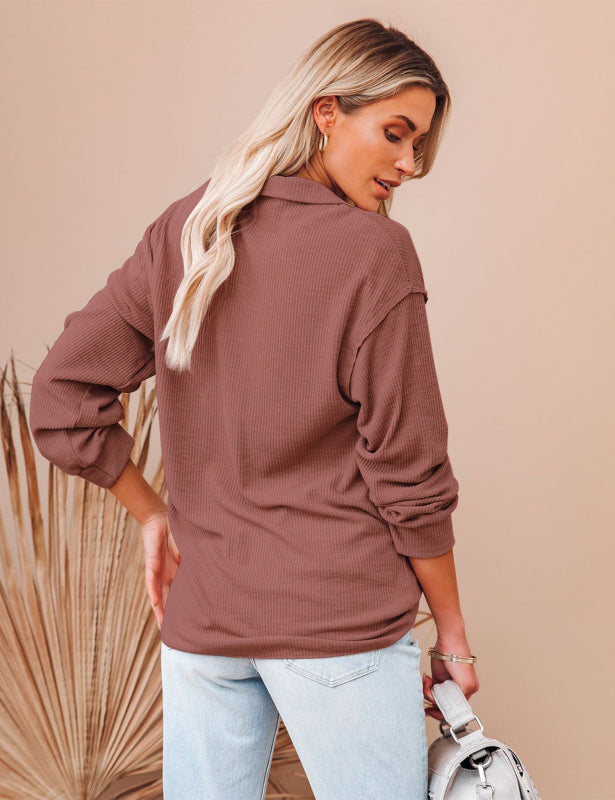 Womens Long Sleeve Polo Shirts Collared Button Down Ribbed Knit Tops Solid Tees
