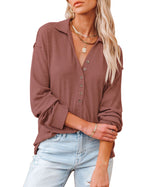 Womens Long Sleeve Polo Shirts Collared Button Down Ribbed Knit Tops Solid Tees