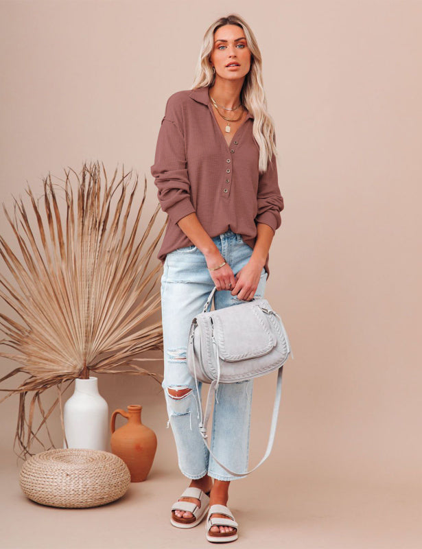 Womens Long Sleeve Polo Shirts Collared Button Down Ribbed Knit Tops Solid Tees