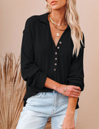 Womens Long Sleeve Polo Shirts Collared Button Down Ribbed Knit Tops Solid Tees