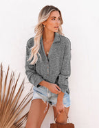 Womens Long Sleeve Polo Shirts Collared Button Down Ribbed Knit Tops Solid Tees