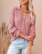 Womens Long Sleeve Polo Shirts Collared Button Down Ribbed Knit Tops Solid Tees