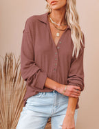 Womens Long Sleeve Polo Shirts Collared Button Down Ribbed Knit Tops Solid Tees