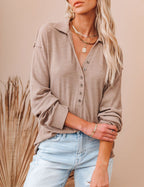 Womens Long Sleeve Polo Shirts Collared Button Down Ribbed Knit Tops Solid Tees